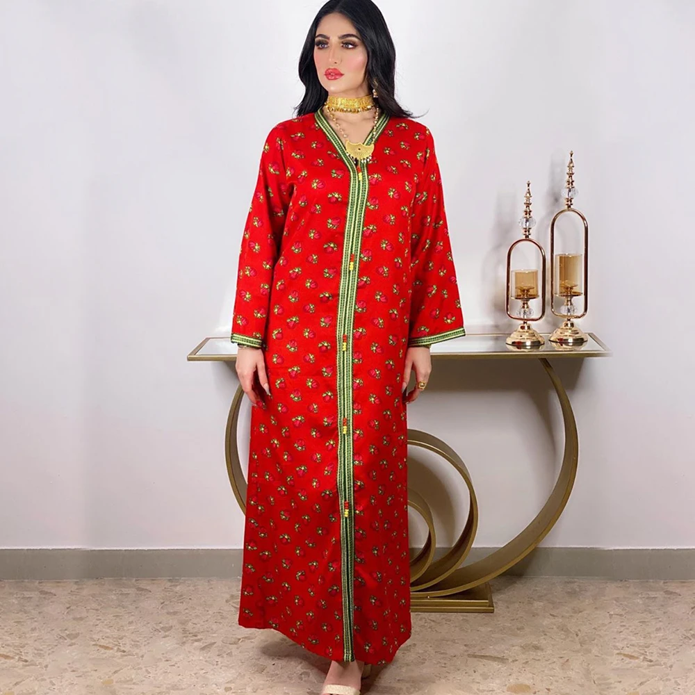 

Ближний Восток абайя Длинные Платья с цветочным принтом с длинным рукавом Ленты V шеи свободные Jalabiya мусульманские, исламские женщины турец...