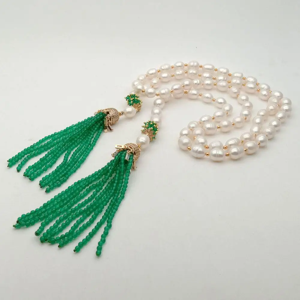 Y·YING 51'' Cultured White Rice Pearl Green stone Tassel CZ Pave Pendant Long Necklace sweater necklace for party women gift |