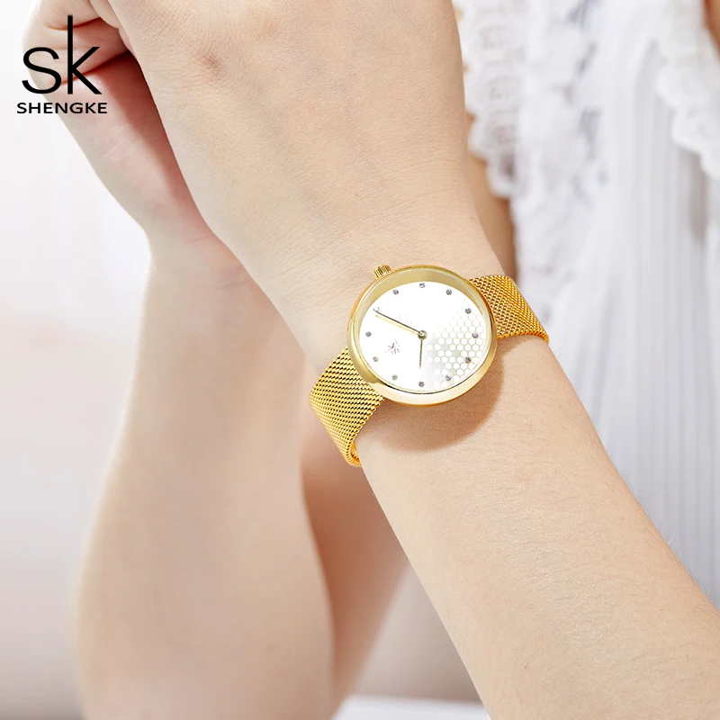 Women Watches Fashion SHENGKE Ladies Watch Luxury Brand Diamond Quartz Woman Gold Wristwatch Stainless Steel Mesh Female Clock