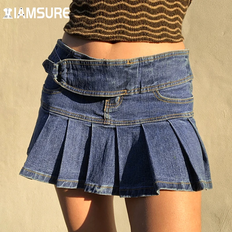 

IAMSURE High Street Sashes Pleated Denim Skirt With Shorts Sexy Slim Preppy Style Casual Patchwork Mini Skirt Women 2021 Fashion