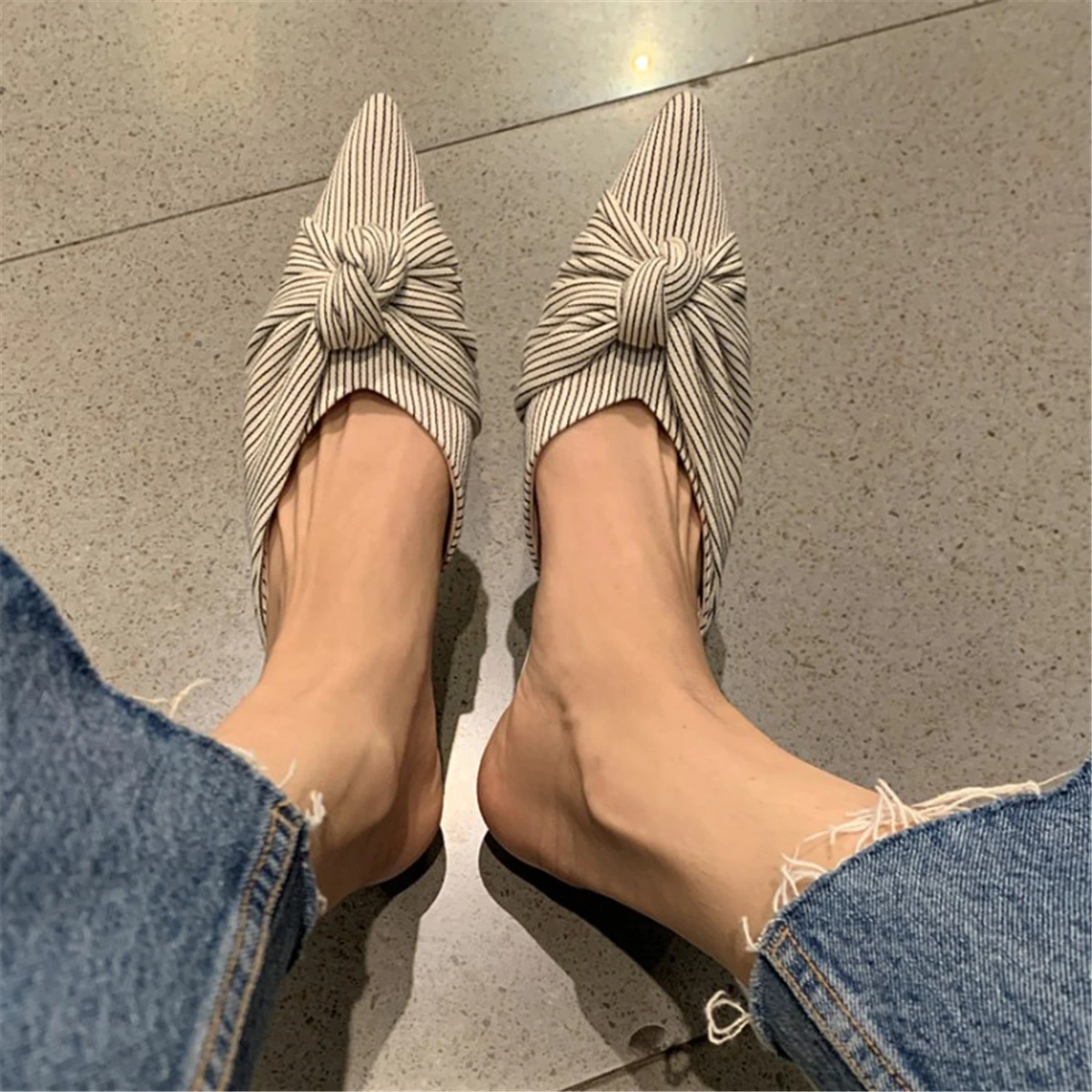 

kmeioo spring flat shoes woman pointed toe mule sandals outside mule slippers bowtie mules slip-on shallow shoes