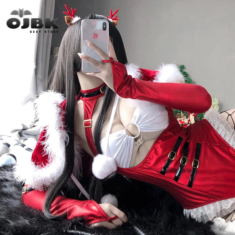 

OJBK красные рождественские костюмы принцессы для косплея сексуальный боди с шалью перчатки чулки с открытой грудью наряд искушение аниме го...