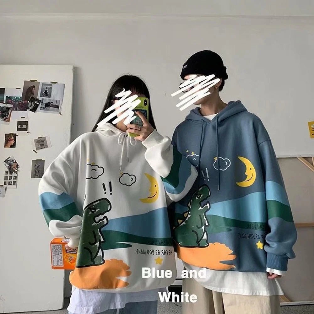 

Couple Hoodies Men's Dinosaur print Hooded Korean Version Trend Handsome Ins Loose Round Neck Casual Clothes Hip-hop Jacket