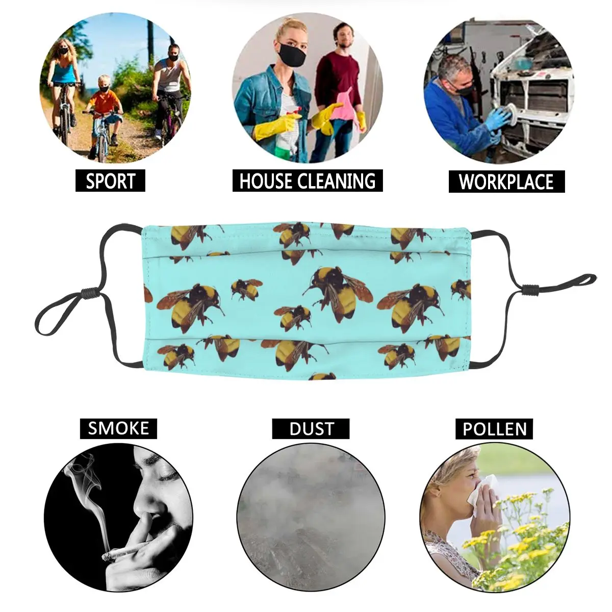 

Cute Bees Reusable Mouth Face Mask Unisex Adult Insect Anti Dust Mask Protection Cover Respirator