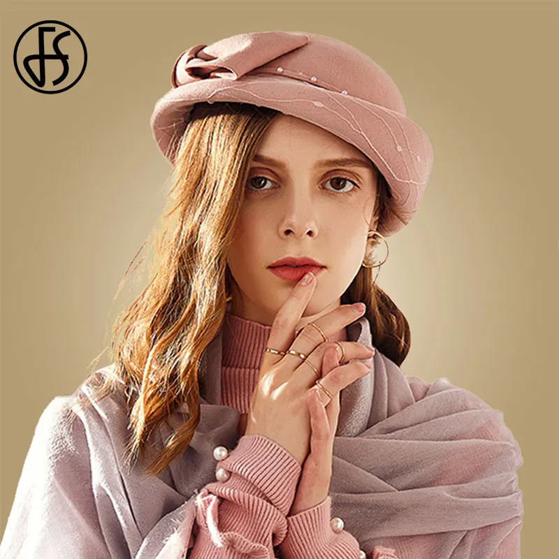 Женский шерстяной берет FS фетровый во французском стиле с жемчужинами зимний