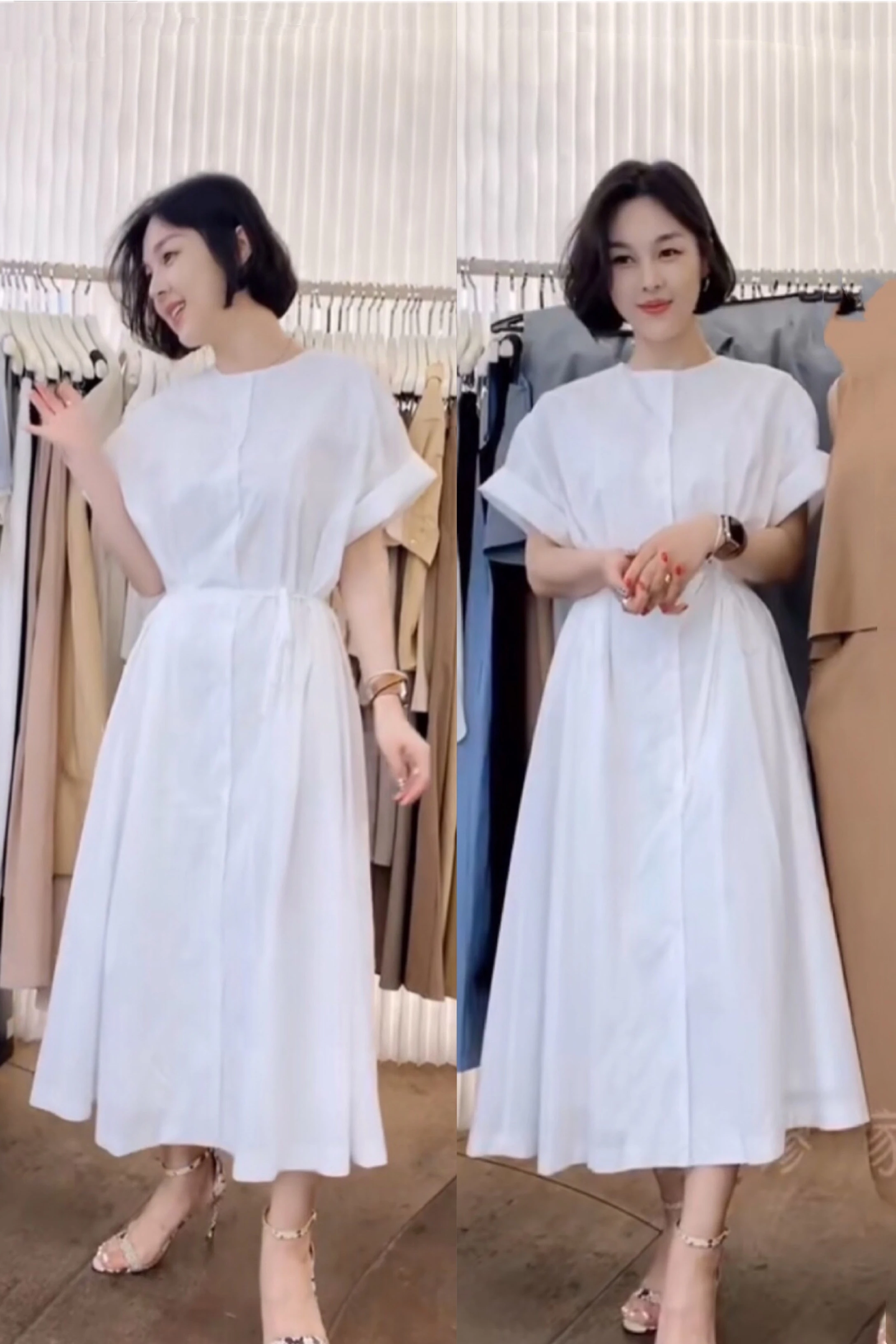 

Korean Fashion Simple Temperament Office Lady White Dress Summer Breasted Lace-up Slim Waist Plus Sized Mid-Length Shirt Dress