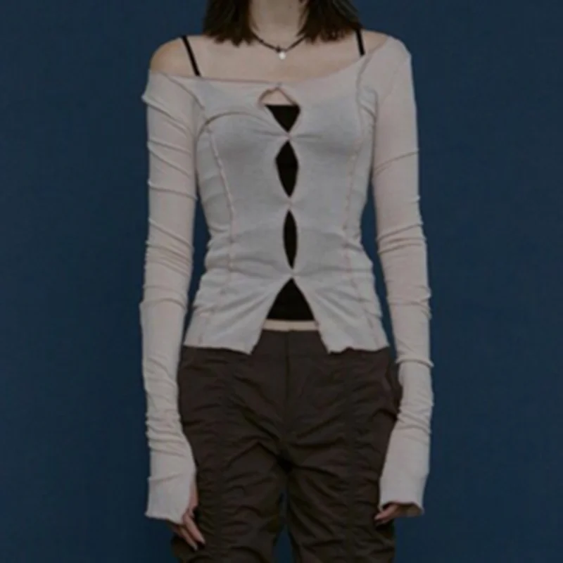 Bazaleas harajuku вязаный кардиган с открытыми плечами вырезами по центру сексуальная