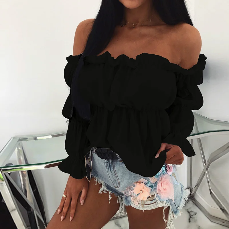 

Womens Tops and Blouses Sexy Solid Color Off Shoulder Ruff Sleeve Long Sleeve Ruffled Women Blouse Women Shirts