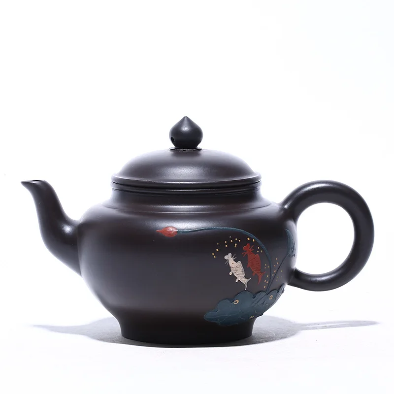 

Yixing raw ore black mud purple clay teapot famous hand painted fish fun smile cherry teapot Kung Fu Tea Set