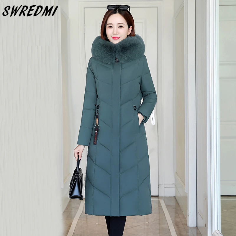 SWREDMI 2021 Thicken Warm Long Coats Women Large Fur Collar Parkas Snow Wear Slim Fashion Jackets Office Lady Clothing Outwear