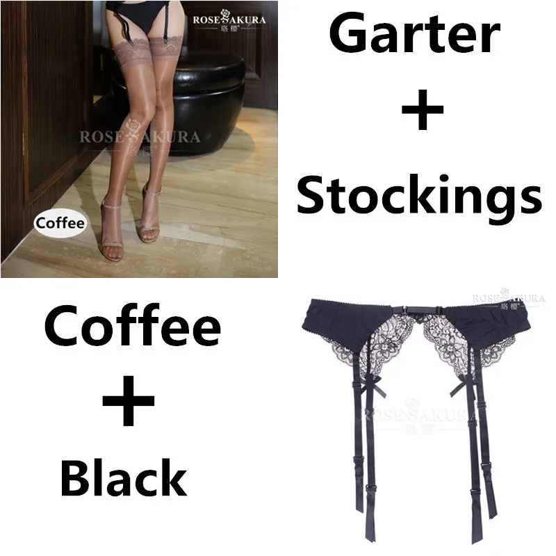 

1 Set Sexy Women Stay Up Oil Shine Thigh-Highs Lace Top Stockings + Lace Suspenders 4-Strap Shaper Adjustable Garter Belt 0907B