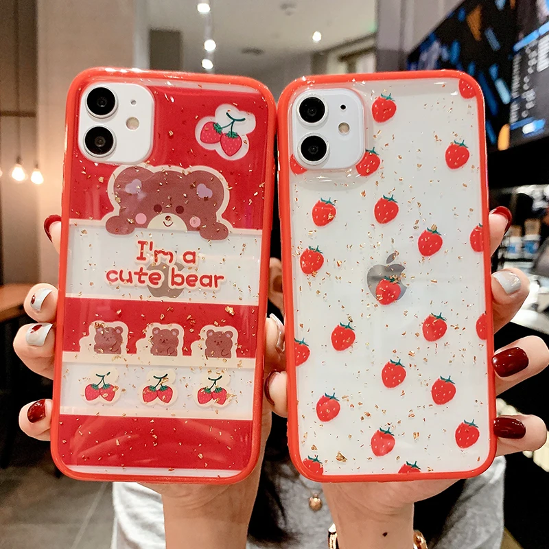 Блестящие чехлы для телефонов с клубничным медведем iphone 11 pro max X XR XS MAX 6 6S Plus 7 8 SE 2020