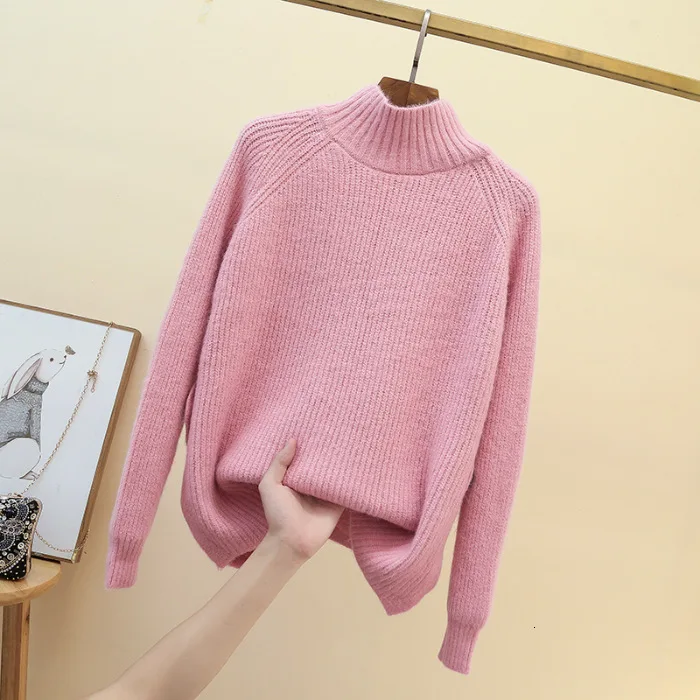 

RICORIT Sweater Women Casual High Neck Sweater Knitting Long Sleeve Pullover Shirt Solid Color Sweater