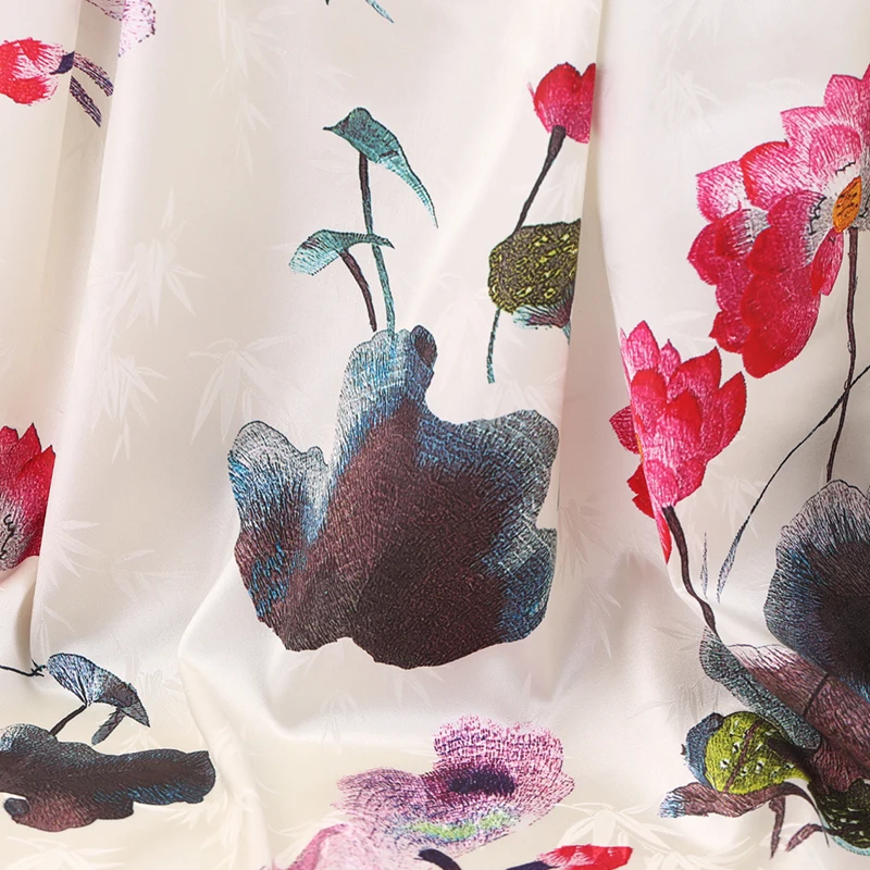 108cm wide silk stretch satin fabric meter 19mm dress cheongsam chinese lotus printed wholesale cloth | Дом и сад