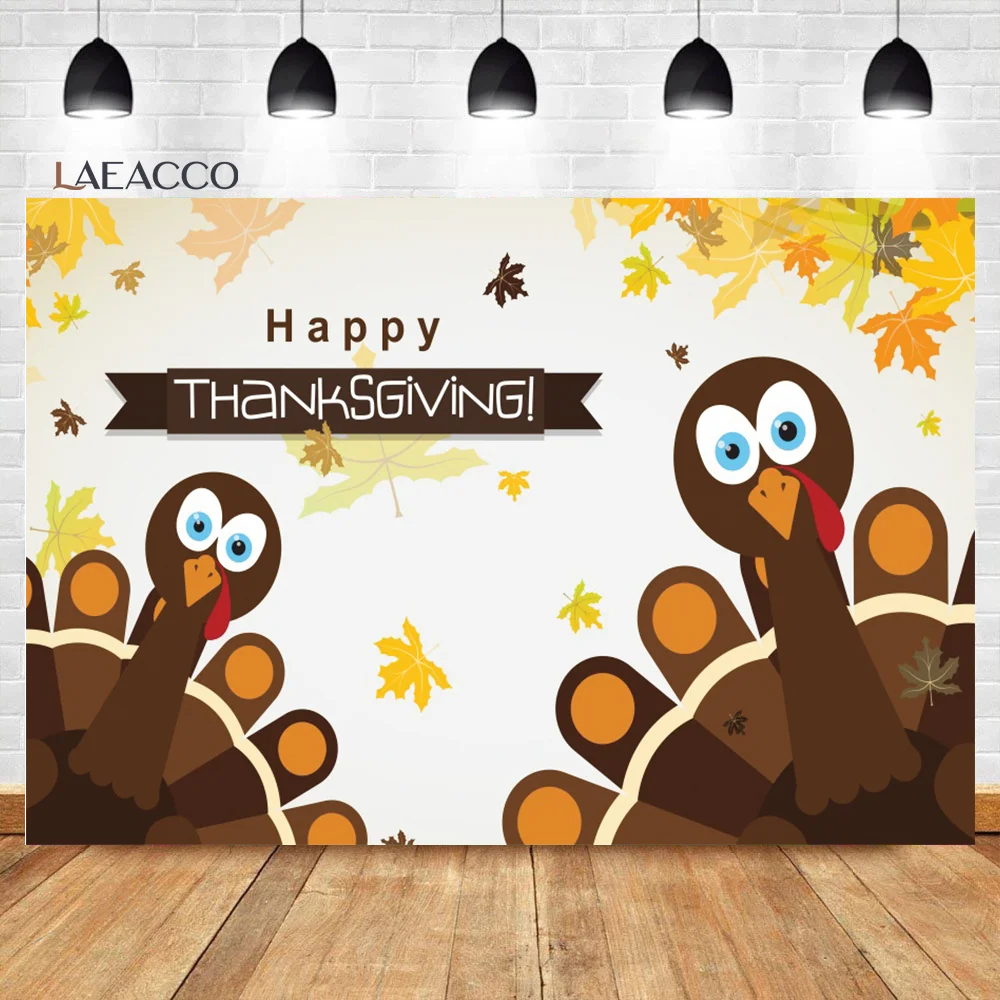 

Laeacco Happy Thanksgiving Family Party Background Cartoon Turkey Golden Leaves Baby Customized Portrait Photography Backdrops