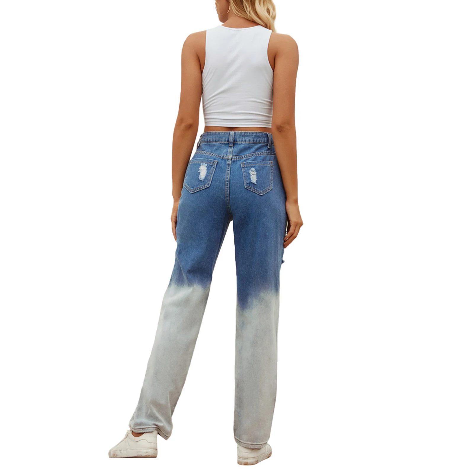 

2021 Hot Women Vintage Gradient Color Ripped Holes Denim Jeans Adults Casual High Waisted Ombre Straight Trousers with Pockets
