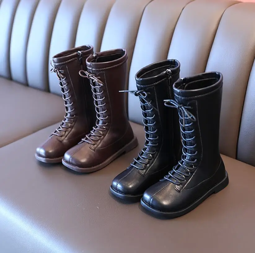 Винтажные повседневные ботинки черные бежевые на платформе детские для девочек