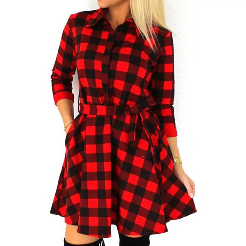 Осенне весеннее платье женское повседневное клетчатое рубашка очаровательное