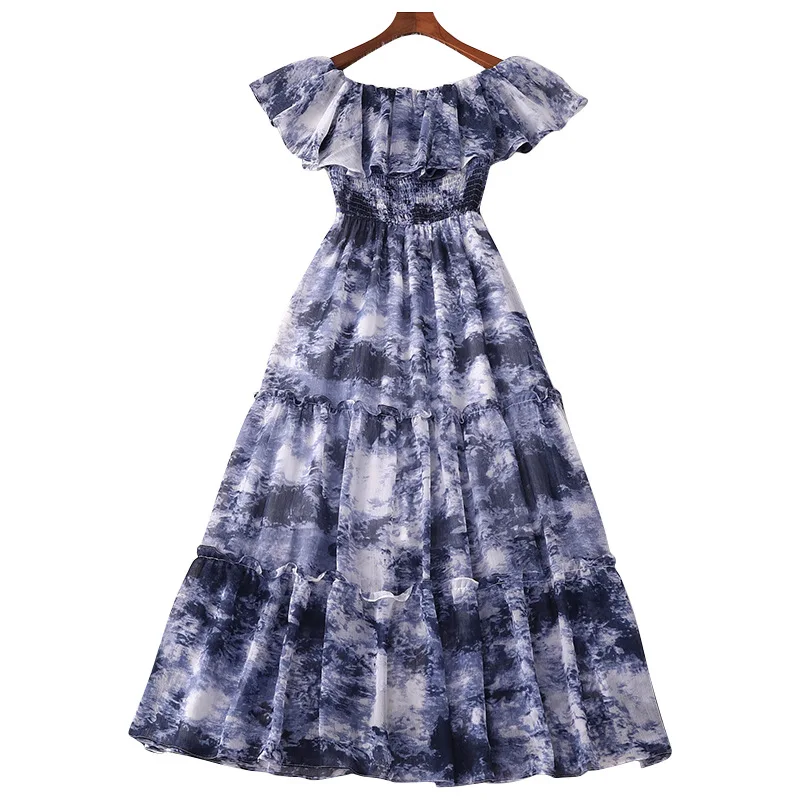 

Spot Goods 2020 Summer Splash-Ink Style Dress Off-Neck Elastic Waist Stitching Wooden Ear Pleated Skirt Dresses for Women