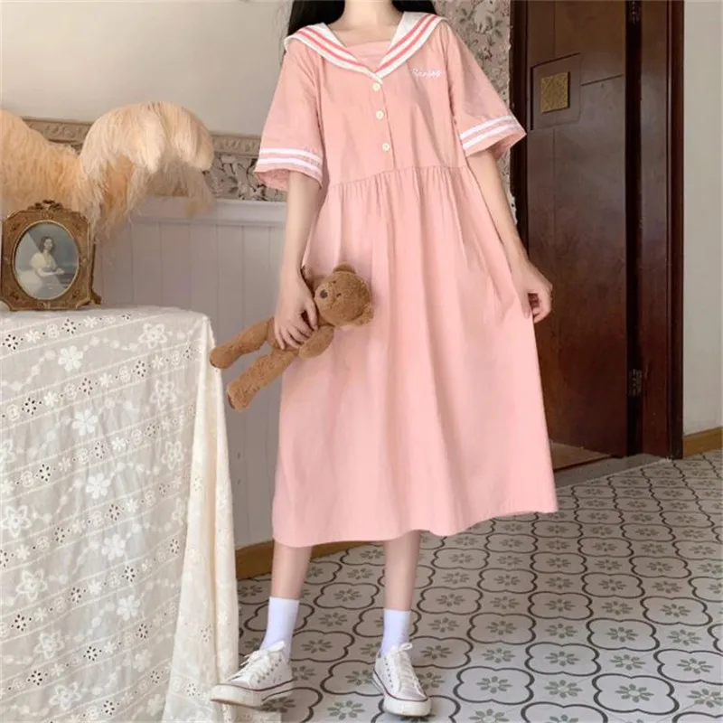 

Harajuku Japanese Summer Lolita Dress Korean Cute Sailor Collar Pink Blue Pleated Dress Soft Girl Preppy Style Student'S Dresses