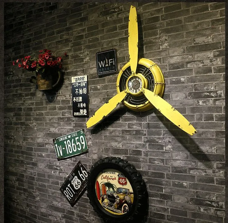 

Vintage Wall Clock Industrial Propeller Metal Large Wall Clock Airplane Brown Creative Plastic Grote Klok Home Decoration WB50WC