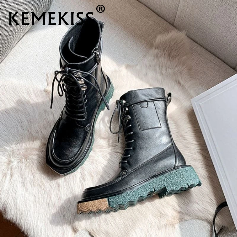 

KemeKiss Size 33-41 Ankle Boots For Women Real Leather Round Toe Cross Strap Cool Short Boots Winter Fashion Female Footwear