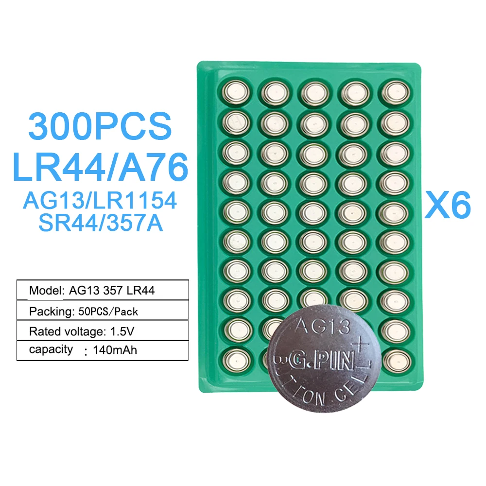 

300PCS LR44 357A A76 303 AG13 SR44SW SP76 L1154 RW82 RW42 1.5V Alkaline Battery Button Toy Watch Battery lr44 battery