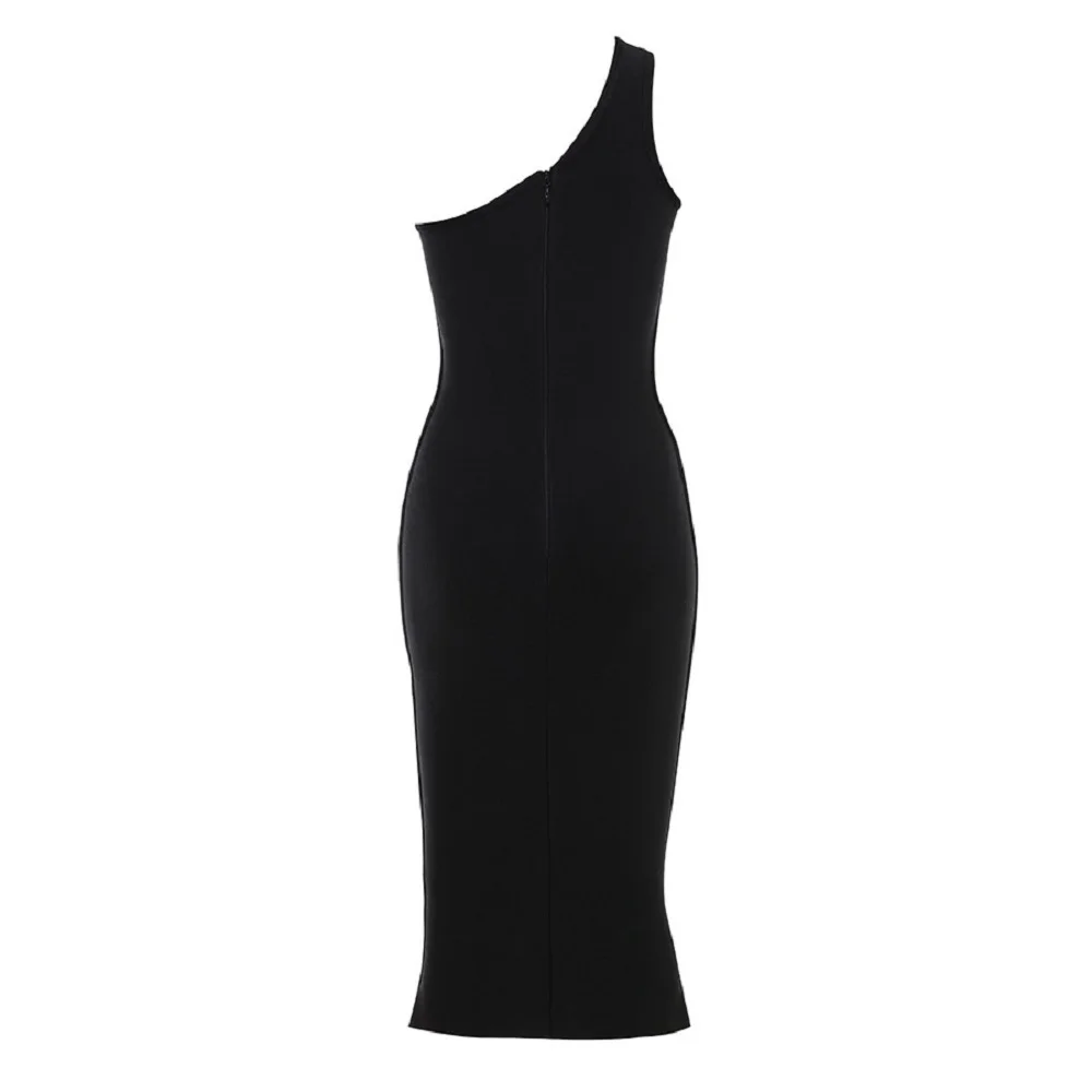 

HQBORY Black One Shoulder Bandage Dress Sleeveless Bodycon Midi Women's Dress Clubwear Evening Party Dresses Vestidos