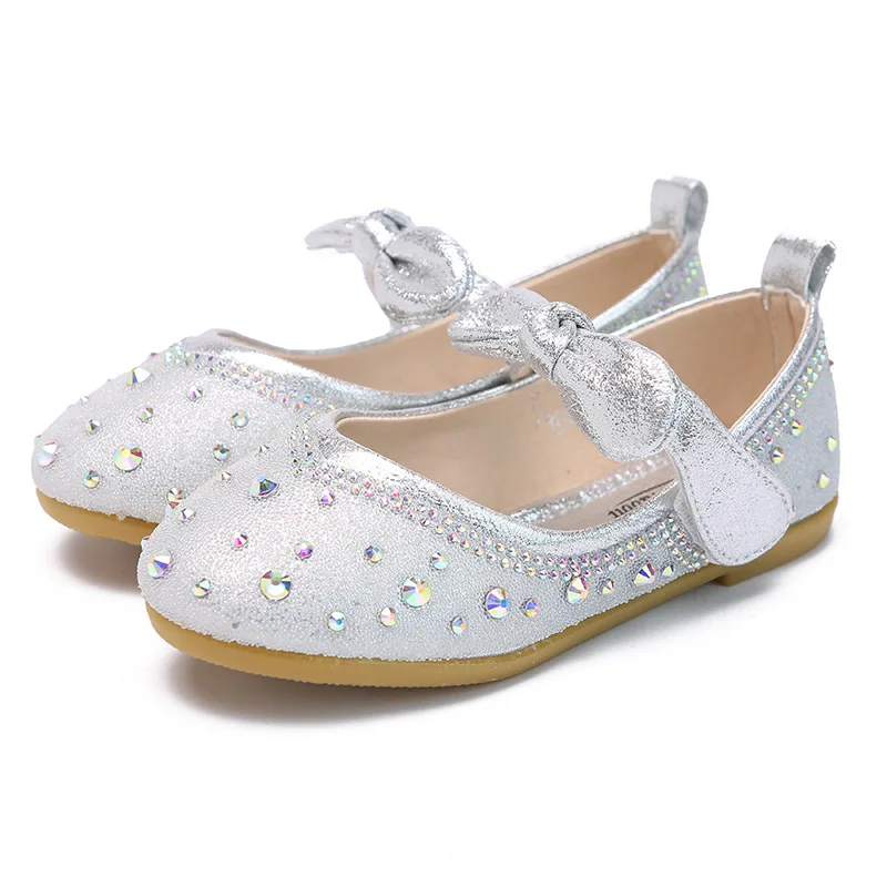 

Girls Princess Shoes Catwalk Children's Shoes Girls Children's Show Flashing Diamond Silver Crystal Leather Shoes Chic Size25-34