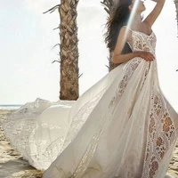 2021 spaghetti strap sleeveless deep v neck sweep train bohemian beach lace wedding dress bride gown vestidos de novia