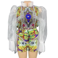 multicolor pattern printing rhinestones three piece suit mesh puff sleeve coat tight shorts trailing decoration personality