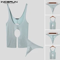 incerun new men comfortable loungewear sexy casual style furnishing shiny fabric briefssleeveless onesies two piece suits 2021