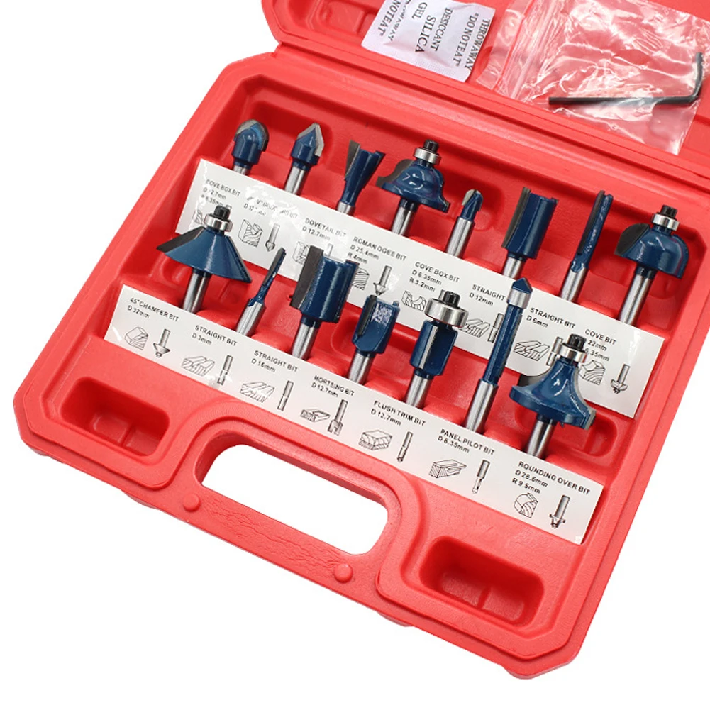 

12/15PCS 1/4 Inch Shank Woodworking Milling Cutter Bits Set Trimming Machine Engraving Machine Accessories Set with Storage Box