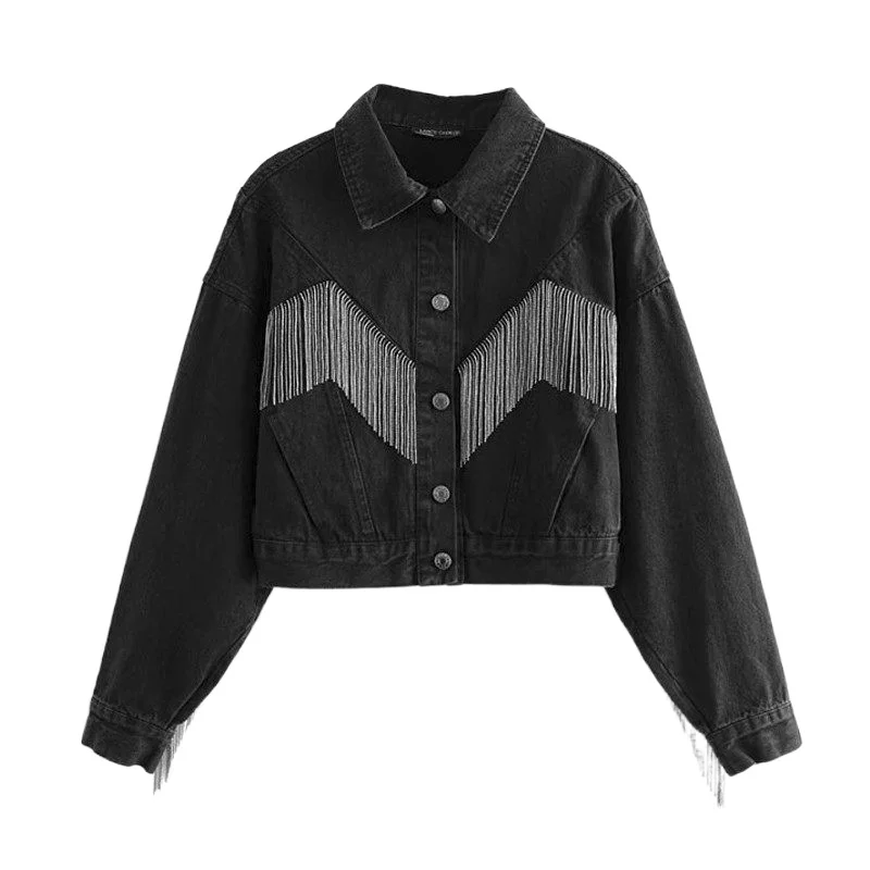 

Женская джинсовая куртка с рукавом летучая мышь, черная тонкая однобортная джинсовая куртка с бахромой в уличном стиле, осень 2021