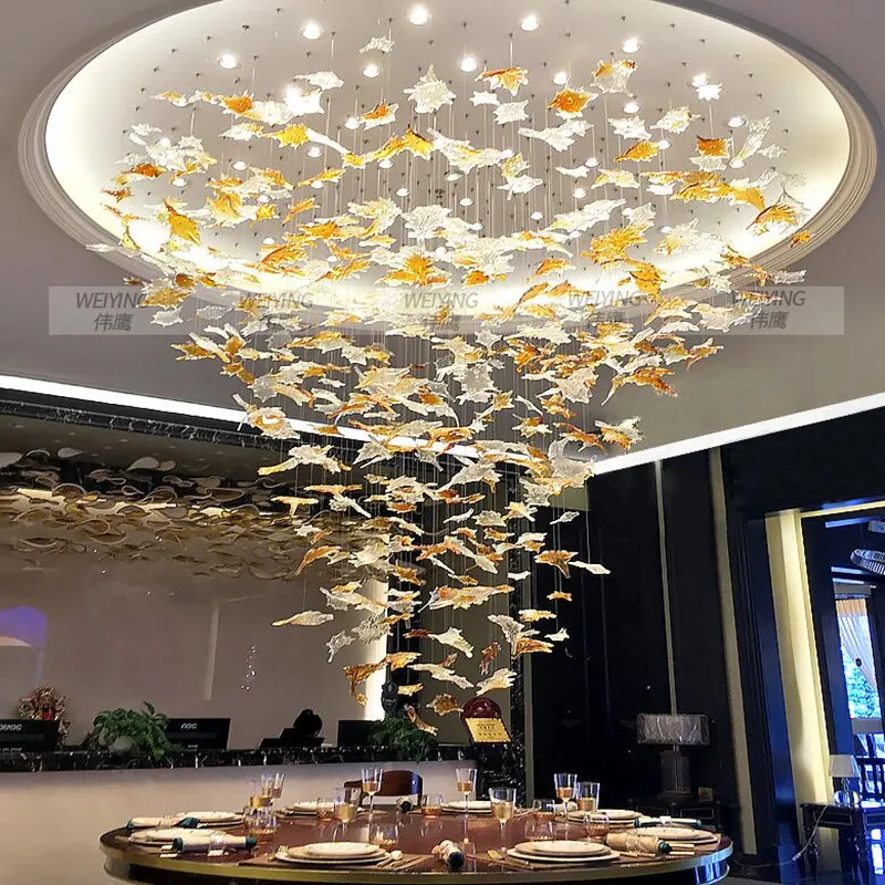 

Art Designer Large Hotel Lobby Chandelier Maple Leaves Decoration For Villa Led Hanglamp Luxury Project Lighting Free Style