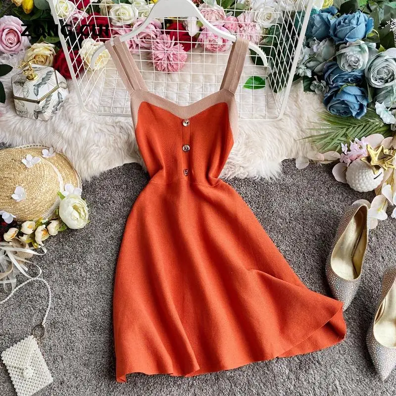 

2021 Contrast Color Knitted Dress Women Sexy V Neck Sleeveless Ladies Vestido Elegant Slim Stretch Waist Bodycon Dresses
