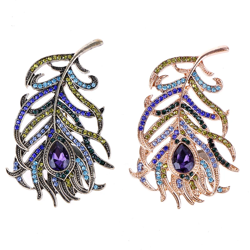 1pcs Boho Crystral Peacock Feathers Brooch Enamel Pins Deep Blue Brooches For Cloth Decorations Wedding Accessories | Украшения и