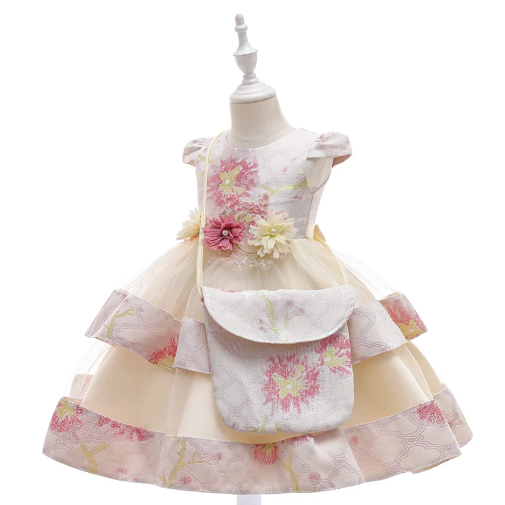 

Girls Net Gauze Bow Tutu Dress with Bag for 3-10 Years Old Princess Embroidery Party Dress Boutique Kids Summer Outing Clothing