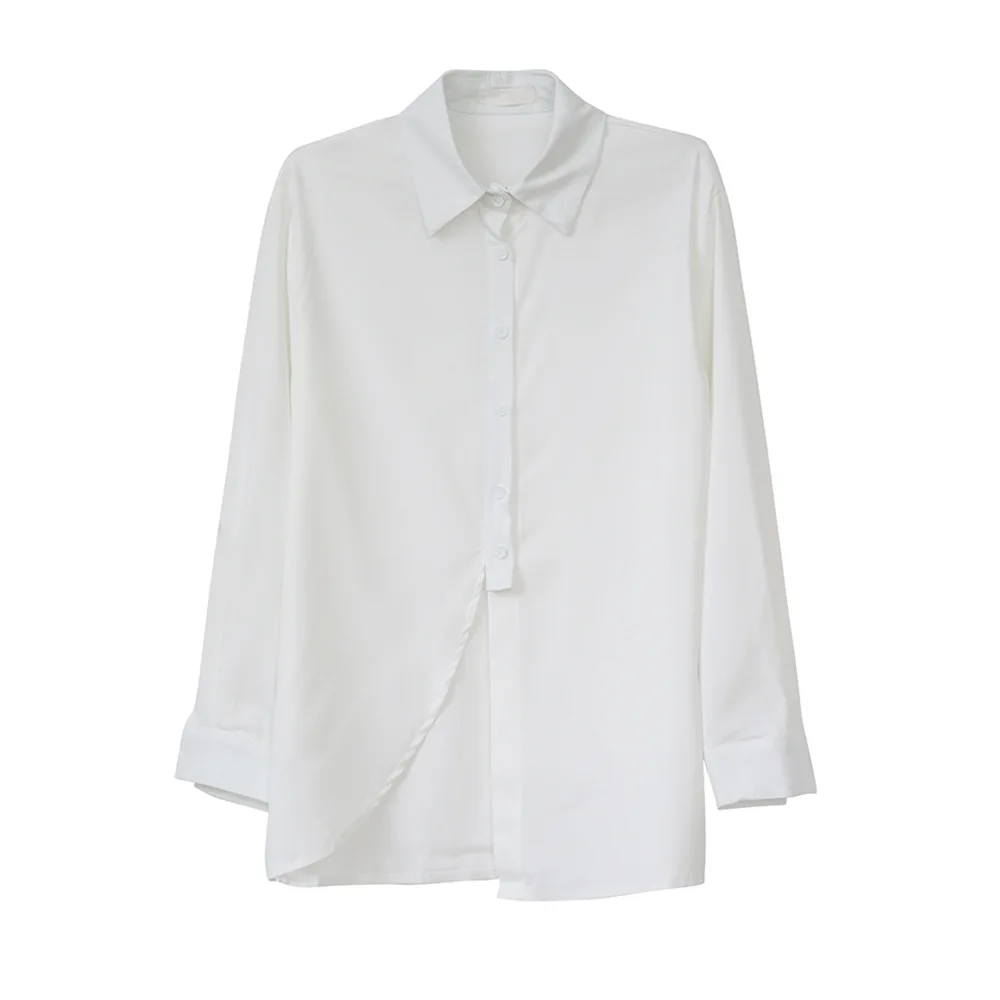 

Spring New Arrival Simple Ladies Asymmetrical Top Women Casual Long Sleeve Loose Slit Shirt Vintage Office Feminine Blouses Hot