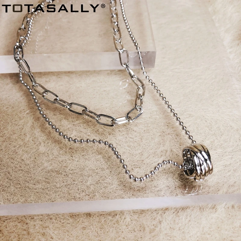 

TOTASALLY Fashion cool punk metal style double chains ring pendant necklace for women party show night club jewelries