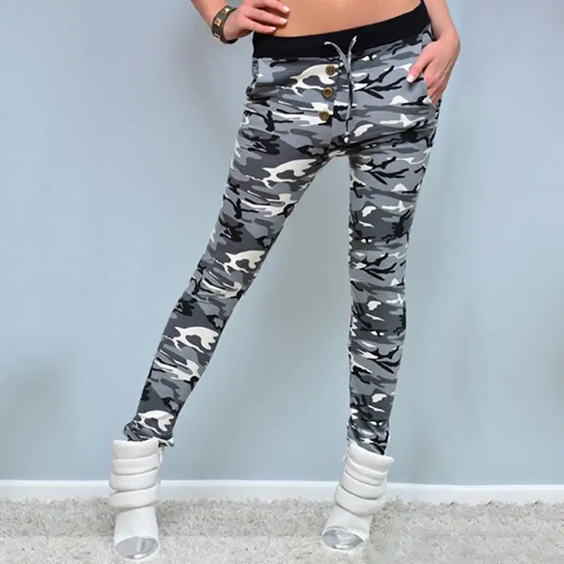 

Fashion Gray Cool Camouflage Pencil Pants Lady Casual Slim Army Military Green Long Trousers Women Drawstring Sportswear WS4556V