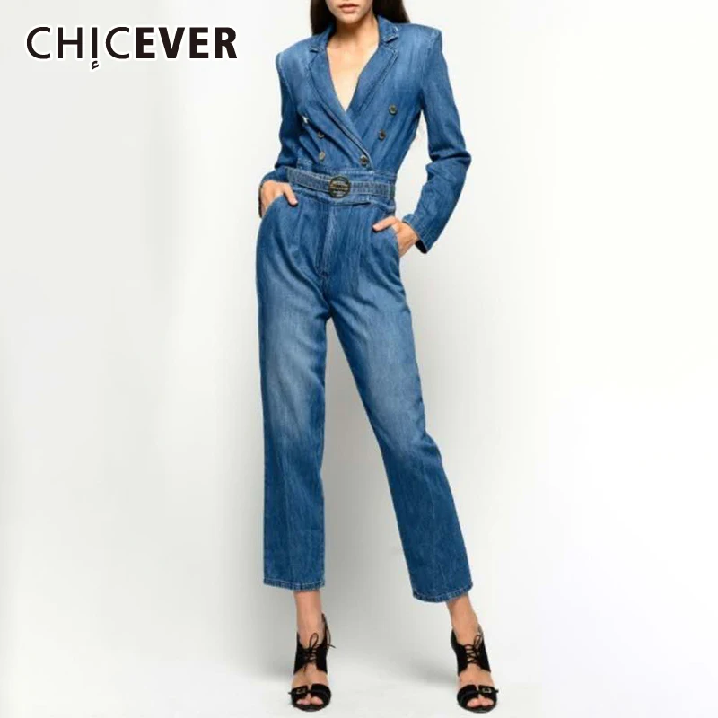 CHICEVER Casual Denim Jumpsuit For Women V Neck Long Sleeve High Waist Straight Loose Jumpsuits Female 2022 Fashion Spring Style