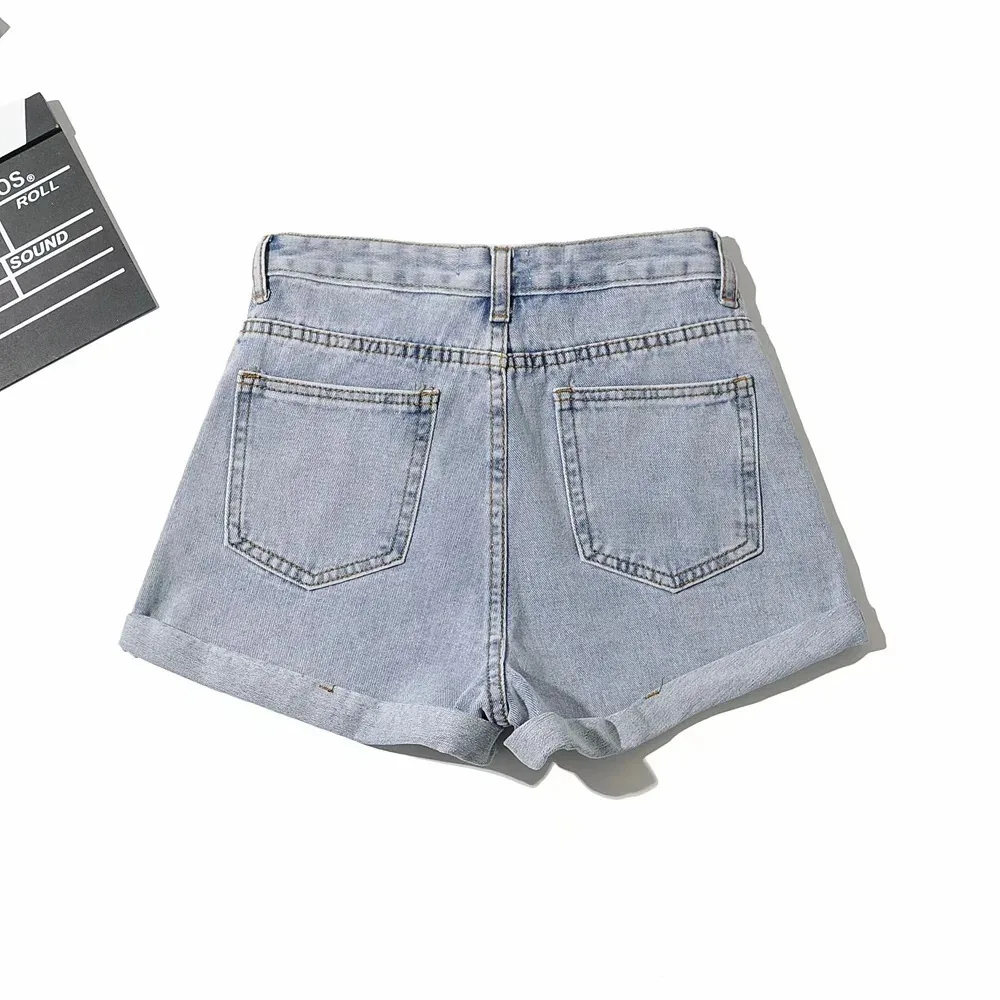 

Denim Shorts Women's Summer 2021 New European and American Style Hot Pants Outer Wear High Waist Love Curling Wide Leg Hot Pants