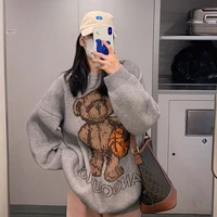 jessic women bear cartoon sweater 2021 fallwinter new gray japanese lazy style hip hop oversize lovers pullover