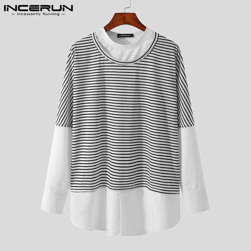 INCERUN Tops 2021 Leisure Style Stylish Men Camiseta White Striped Stitching Hot Sale Long-sleeved Fake Two-piece T-shirts S-5XL