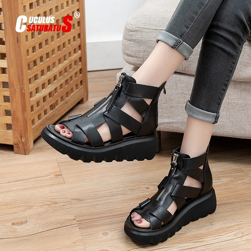 

Women Summer Sandals Mid Heels Wedges Shoes Ladies Vintage Genuine Leather Sandals