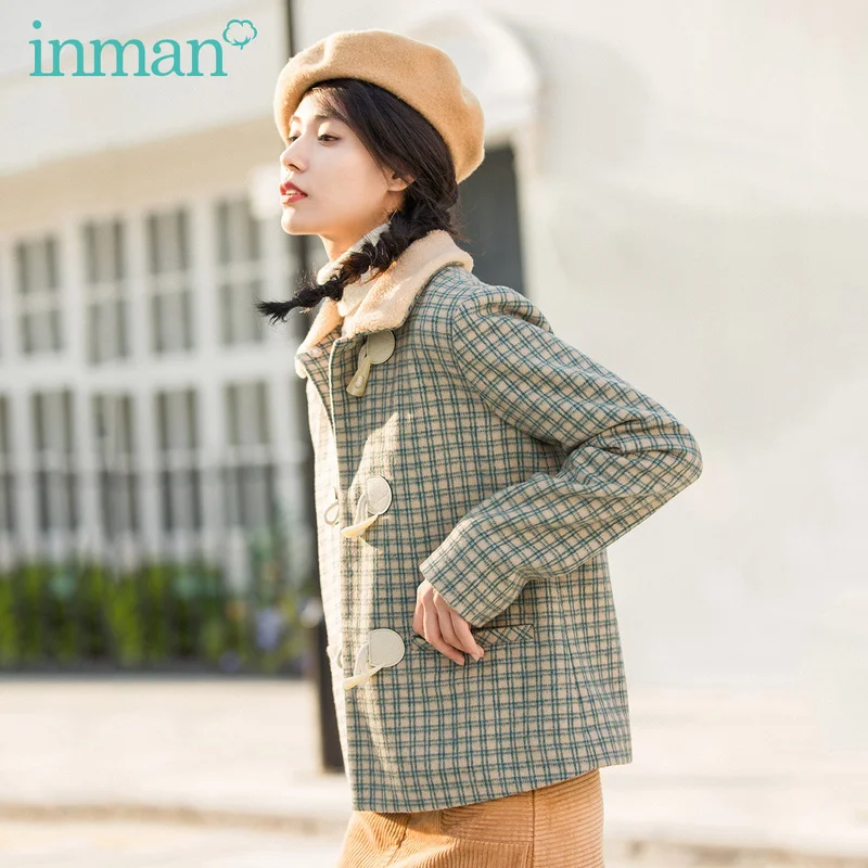 INMAN зимнее литературное плюшевое ретро с отворотом роговыми пуговицами в клетку