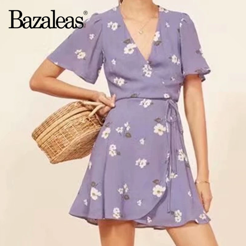 Женское винтажное платье с запахом Bazaleas фиолетовое Повседневное цветочным
