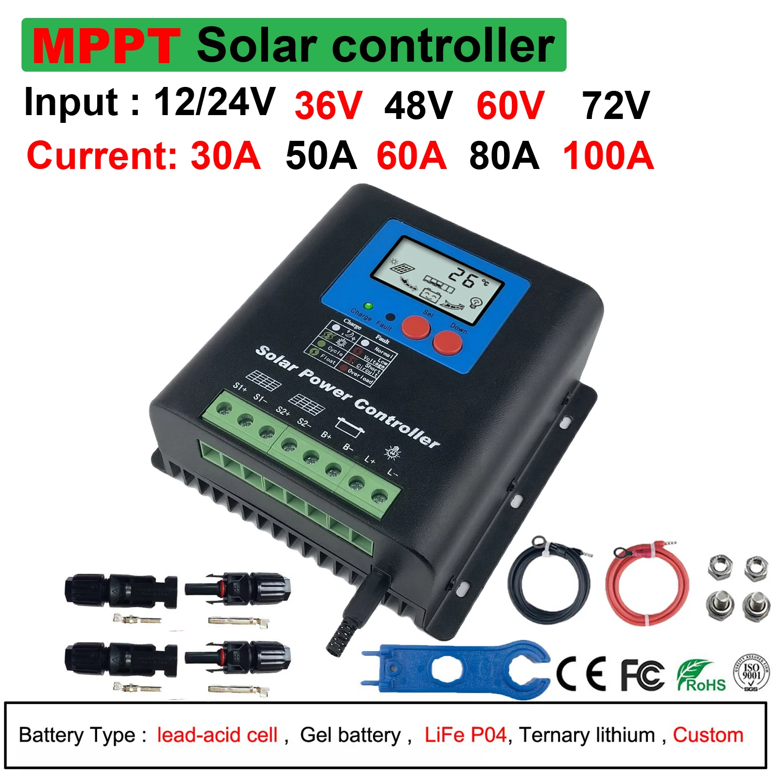 

30A 50A 80A MPPT Solar Charge Controller 12V 24V 36V 48V 60V Solar Panel Battery Regulator with LCD Solar Controllers