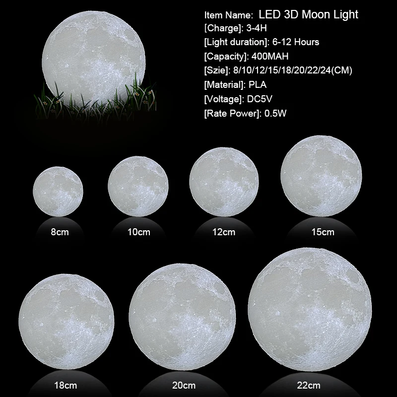 

Dropship 3D Print Moon Lamp 20cm 18cm 15cm Colorful Change Touch USB Led Night Light Home Decor Creative Gift